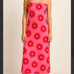 Paper Heart Pink Red Sunburst Print Maxi Skirt XS Rayon Linen Boho Summer
